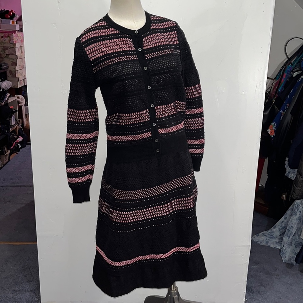 Missoni sweater set. Pink metallic and black. Button down sweater and skirt.